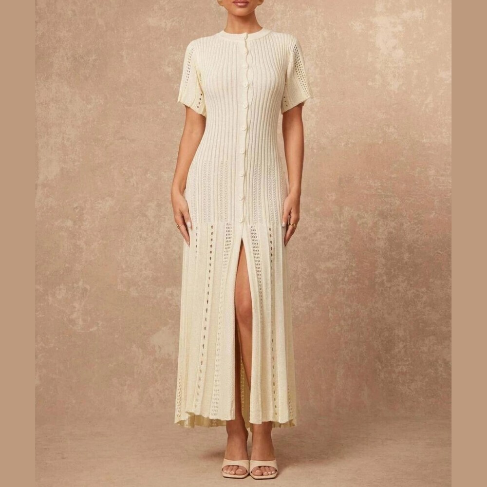 Cream Ribbed Knit Button Front Maxi Short Sleeve Sweater Dress